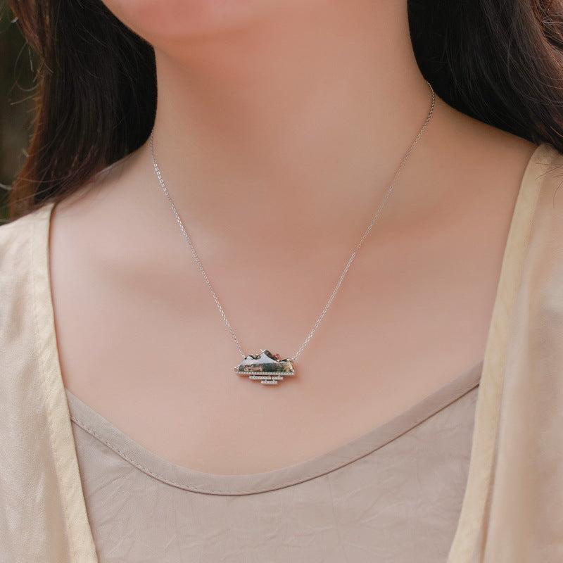 Planderful Jewelry Moss Agate Necklace in Sterling Silver S925 Mountain Clavicle Chain