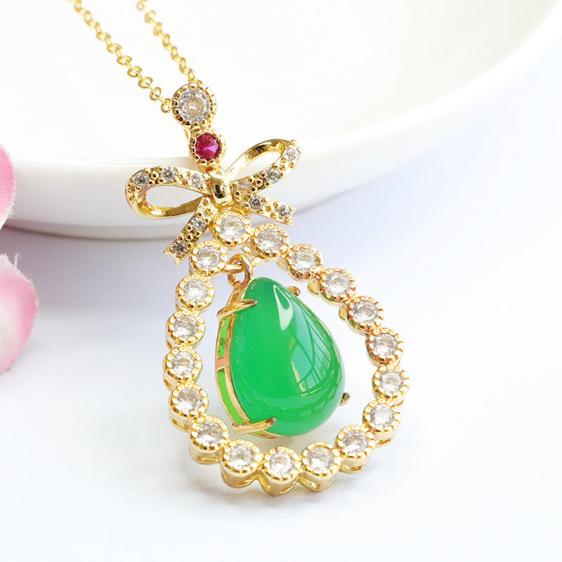 Green Chalcedony Necklace with Zircon Pendant and Sterling Silver Bow