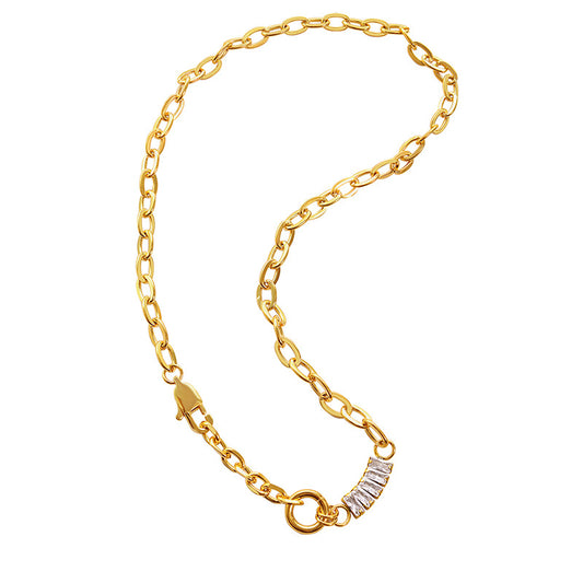 Elegant 18K Gold Plated Stainless Steel Necklace with Zircon Lock Chain