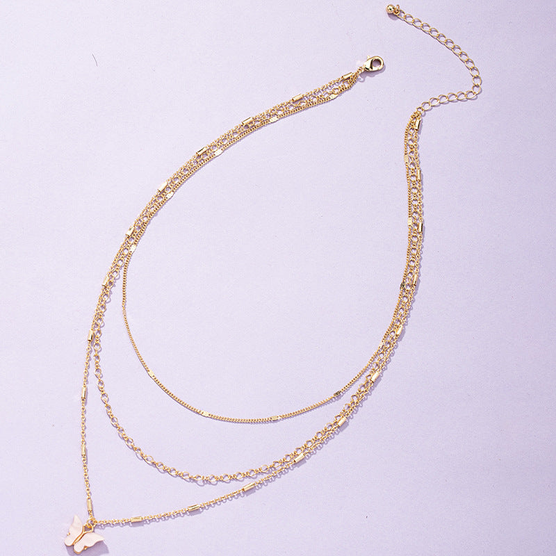 Elegant 3-Layer Butterfly Necklace with Multi-color Layers for Women, Stylish Sweater Chain
