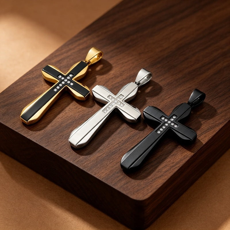 Hip Hop Rock Double Contrast Color Zircon Cross Titanium Steel Pendant Back Stainless Necklace