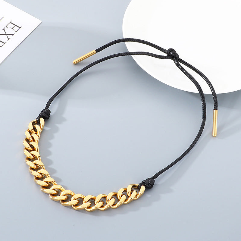 Vintage Necklace, Western Denim Black Wax Rope Splicing Cuban Chain, Long Adjustable Stainless