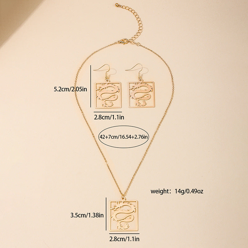 Chinese Dragon Design Women's Necklace and Earrings Set with Zodiac Pendant