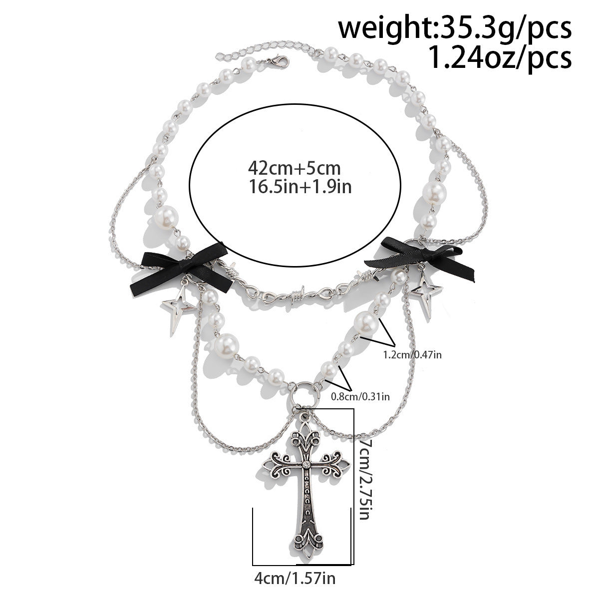 Bow, Cross & Pearl-Style Fringe Necklace
