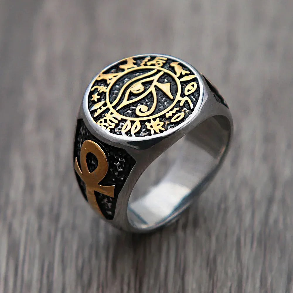 Vintage Eye of Horus Egyptian Stainless Steel Men's Ring
