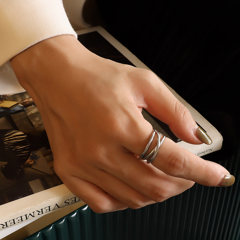 Romantic European and American Cross C-shaped Open Ring Set with Wind-Resistant Stacked Rings - Couple's Eternal Love Ring