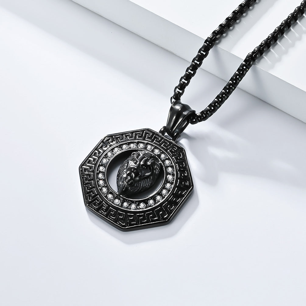 Steel Necklace – Statement Hip Hop Lion Head Zircon Inlay Pendant For Bold Everyday Style