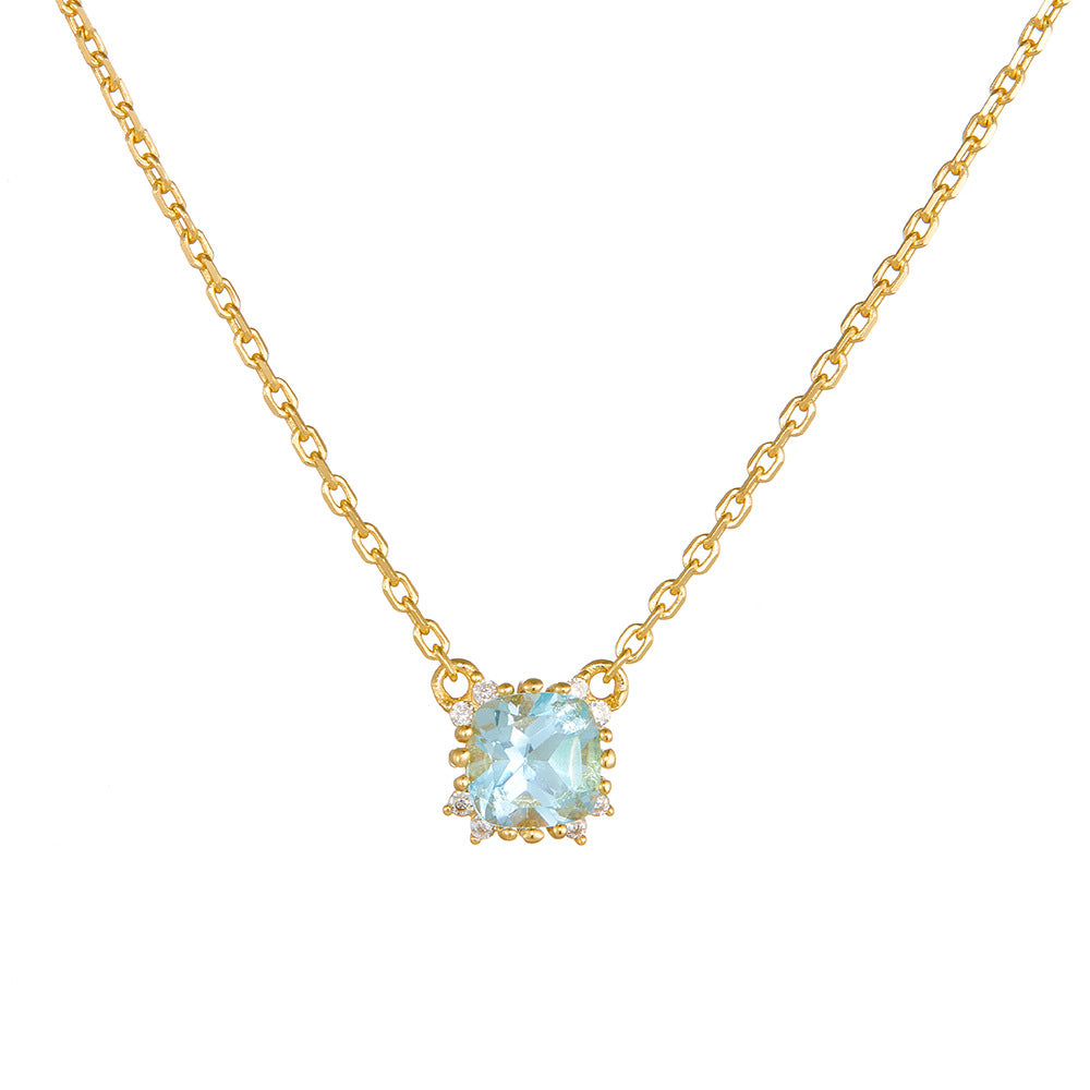 925 Sterling Silver Geometric Round Natural Topaz Pendant Necklace Elegant Necklace
