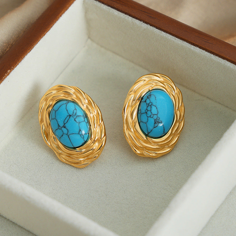 Luxurious Natural Turquoise Oval Earrings - Premium French Retro Style