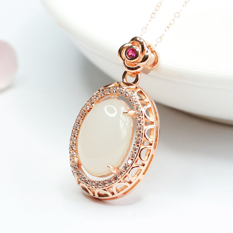 Halo Rose Zircon White Jade Oval Necklace crafted with Hetian Jade