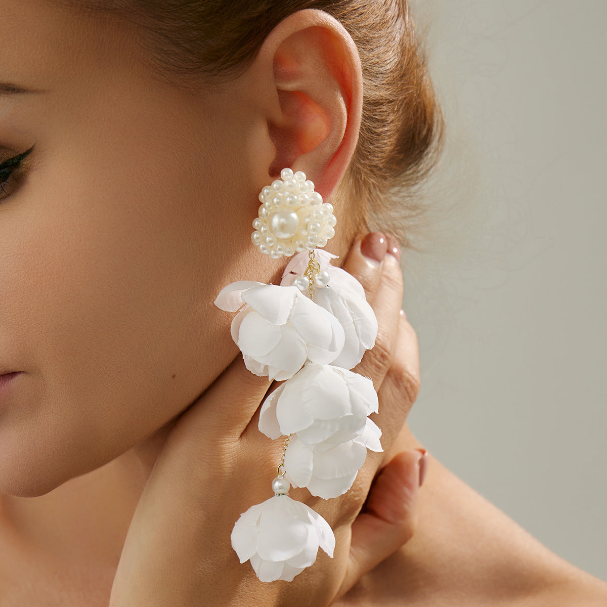 Planderful Vienna Verve Three Dimensional Rose Pearl Earrings For Women Fringed Beaded Fabric Jewelry