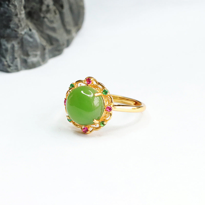 Sterling Silver Adjustable Green Jasper Hollow Flower Ring with Natural Hetian Jade and Zircon