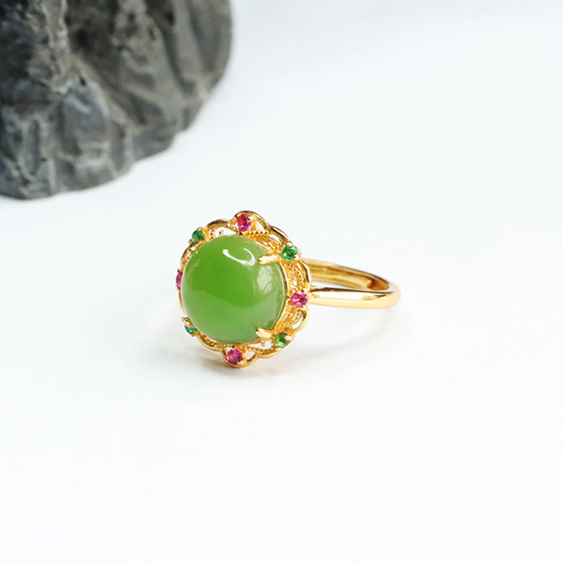 925 Sterling Silver Hetian Jasper Flower Ring
