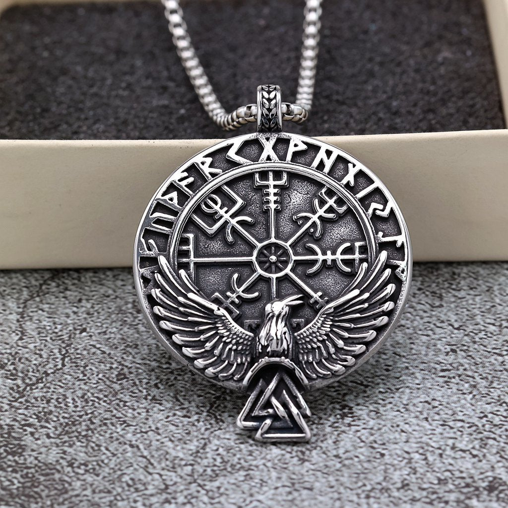 Planderful Viking Rune Compass Pendant Unisex Necklace Double Sided Retro Stainless Steel