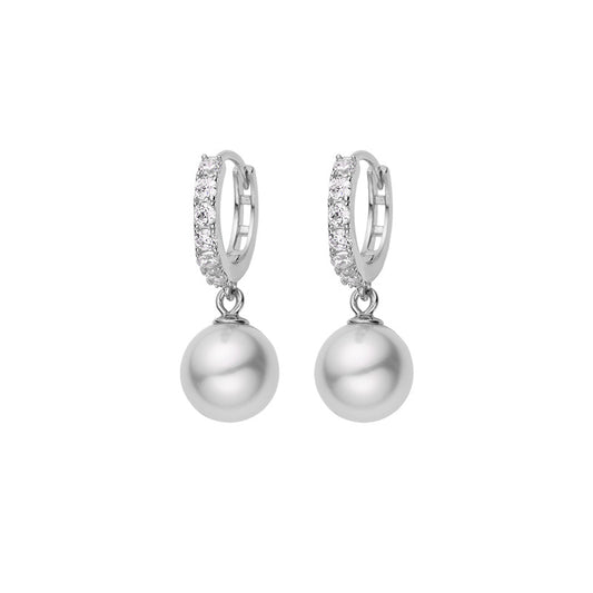 Natural Fresh Water Pearl Zircon Silver Hoop Earrings
