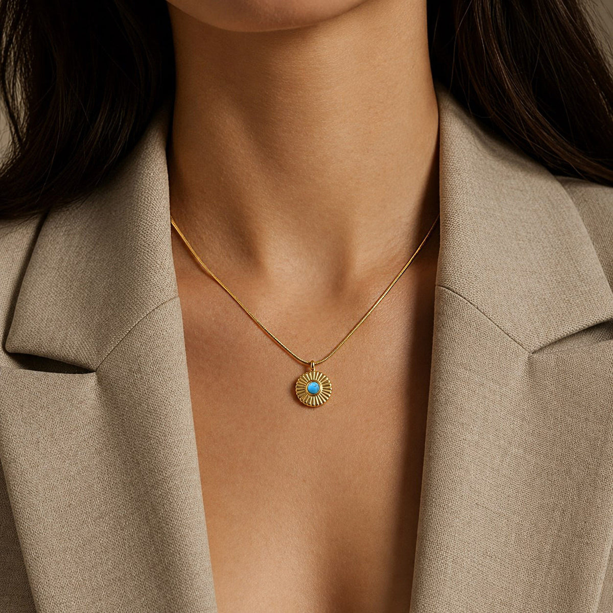 Ladies Gold Turquoise Sun Hexagram Necklace – Stainless Steel Bohemian
