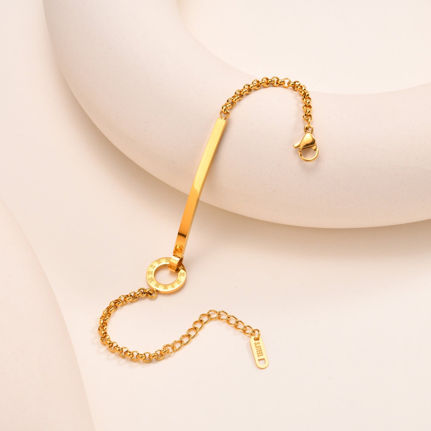 Ladies Stainless Steel Pearl Chain Roman Numeral Ring Bracelet Gold Jewelry