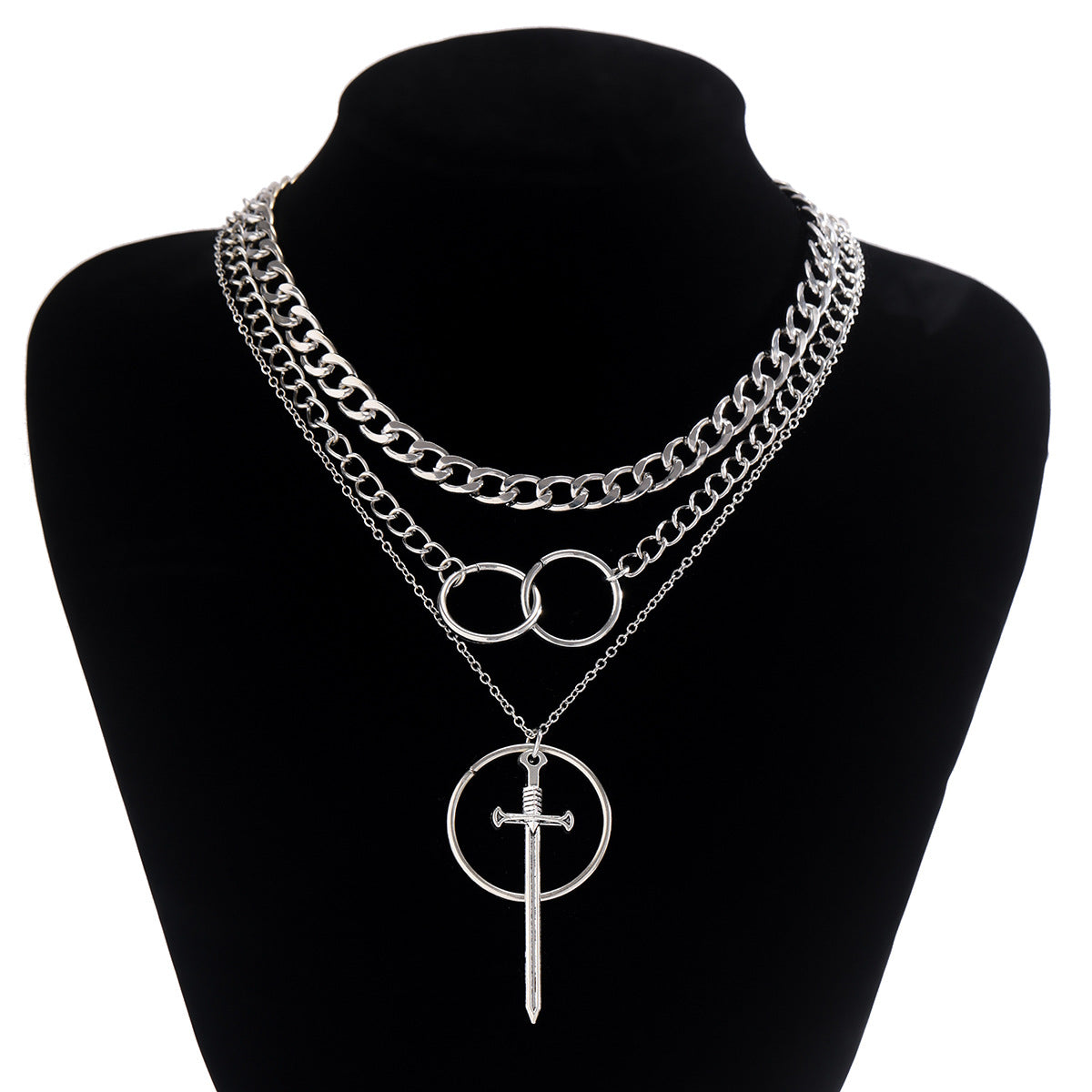 Exaggerated Tassel Necklace with Sword Shape Pendant and Ring Chain for Women's Hip-hop Style Trend