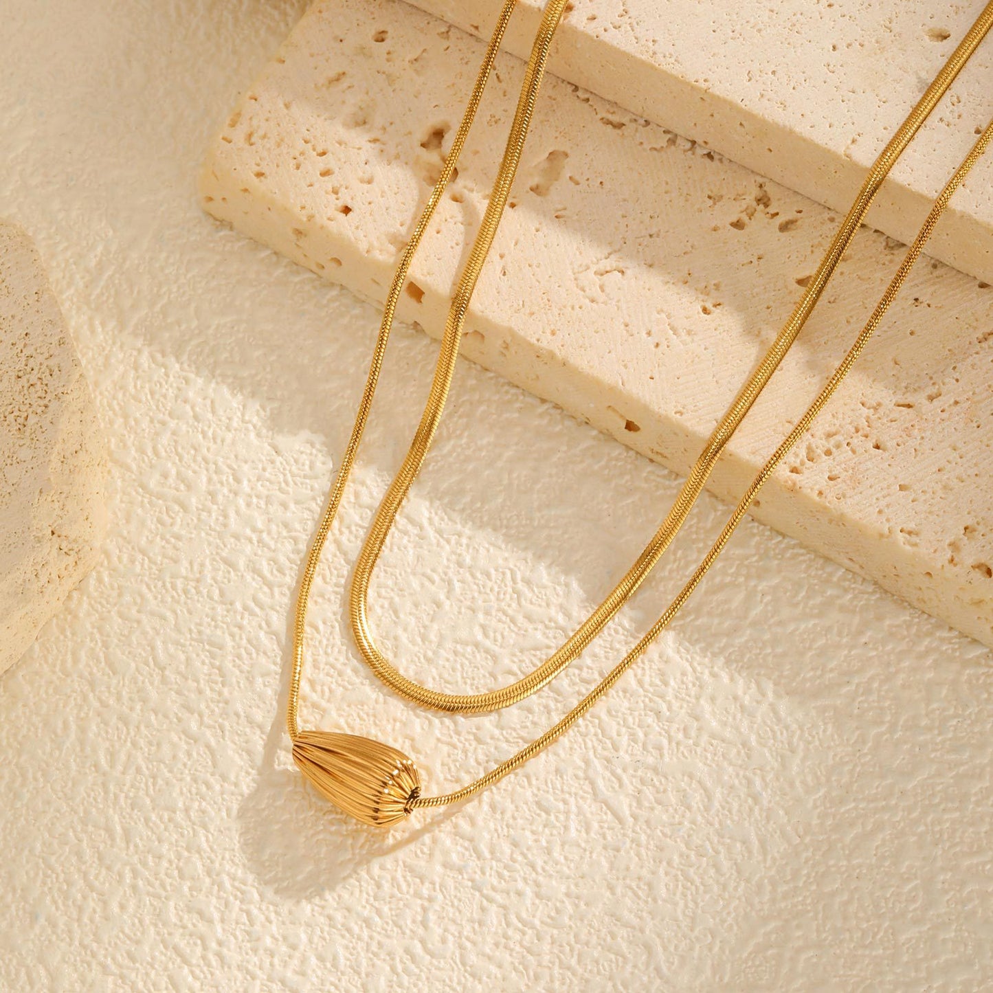 Stainless Steel Strip Gold-Plated Pattern Water Drop Bead Spacer Double Layer Stacked Necklace