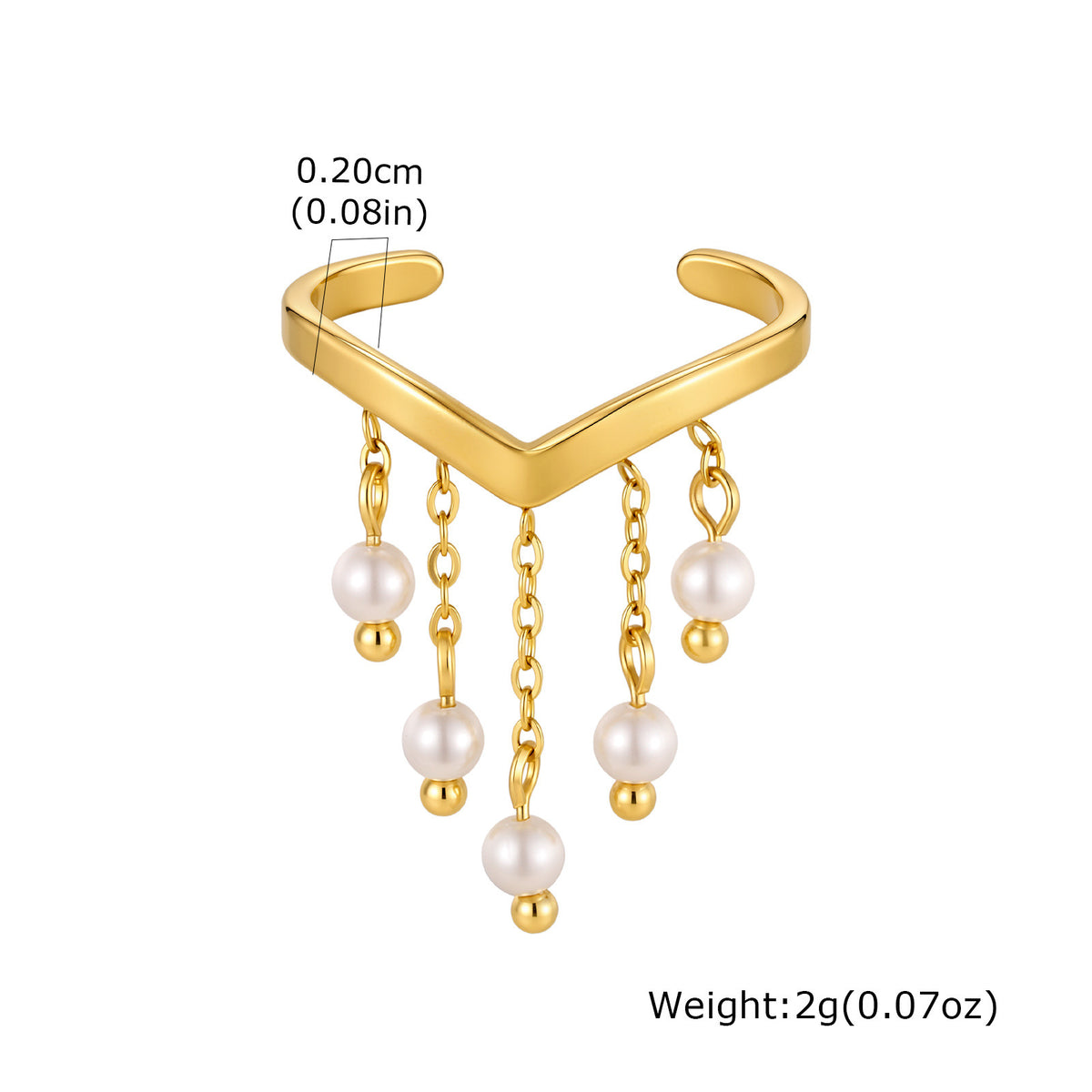 Ladies Open Ring Stainless Steel Gold V-Shaped Imitation Pearl Tassel Elegant