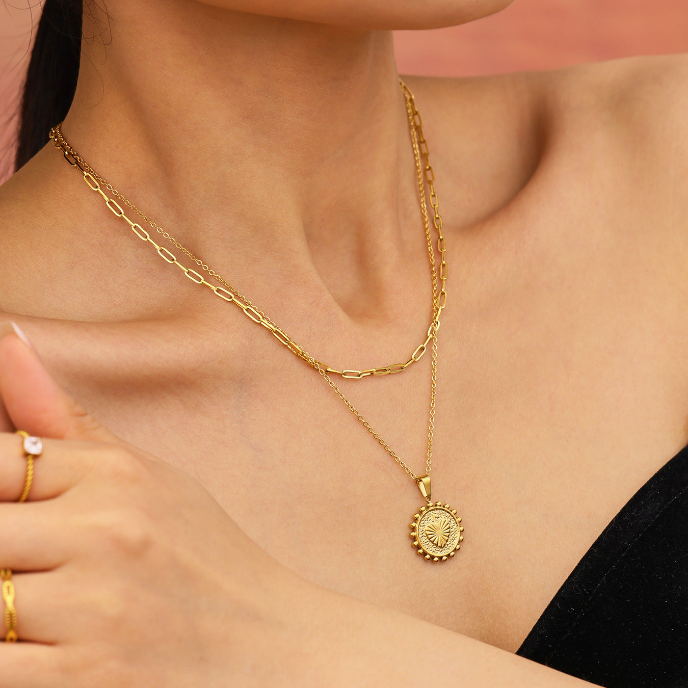 Peach Heart Double Layer Stainless Steel Necklace For Women