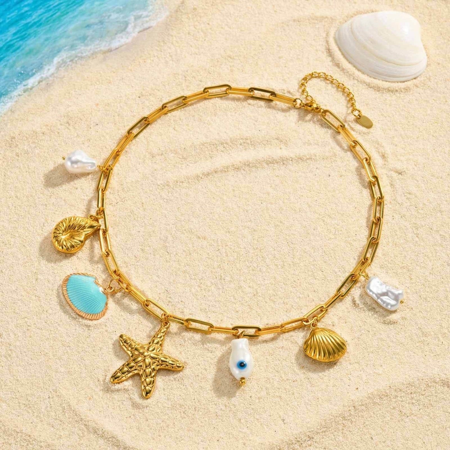 Ocean-Style Stainless Steel Pearl-Like Conch Shell Starfish Vacation Necklace