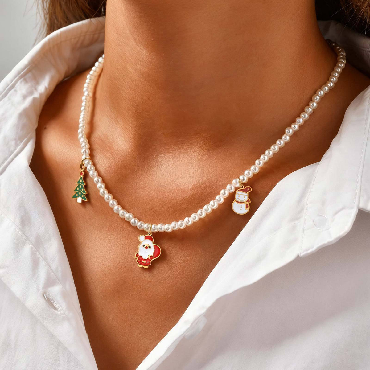Stainless Steel Autumn & Winter Santa Claus Christmas Tree Snowman Imitation Pearl Necklace