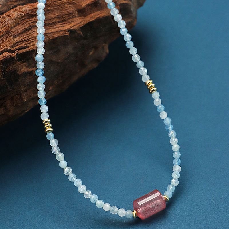 Aquamarine Strawberry Quartz Crystal Necklace