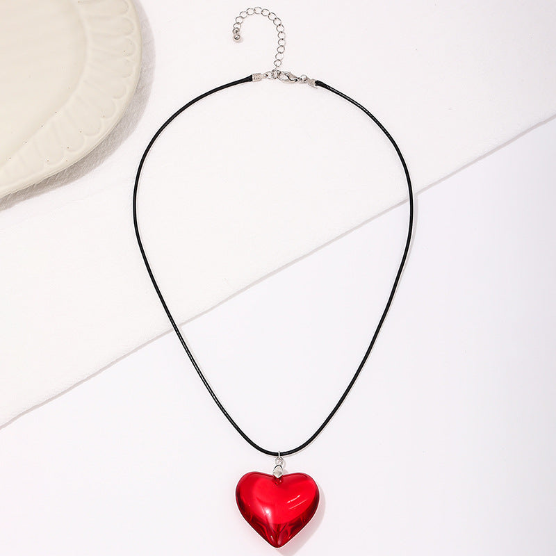Sweet Red Glass Heart Pendant Necklace with Black Leather Rope - Urban Chic Collection