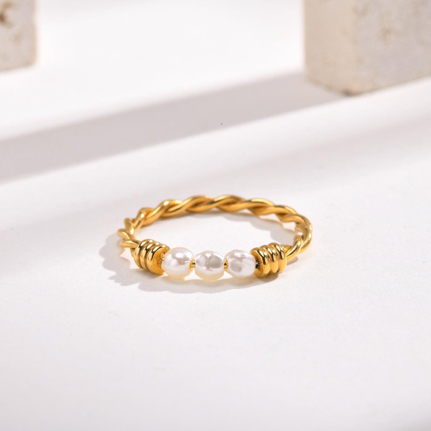 Stainless Steel Plated 18k Gold Irregular Pearl Twist Ring