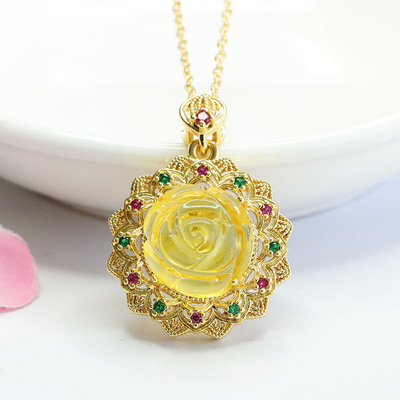 Golden Flower Amber Zircon Rose Pendant - Handcrafted Sterling Silver Jewelry