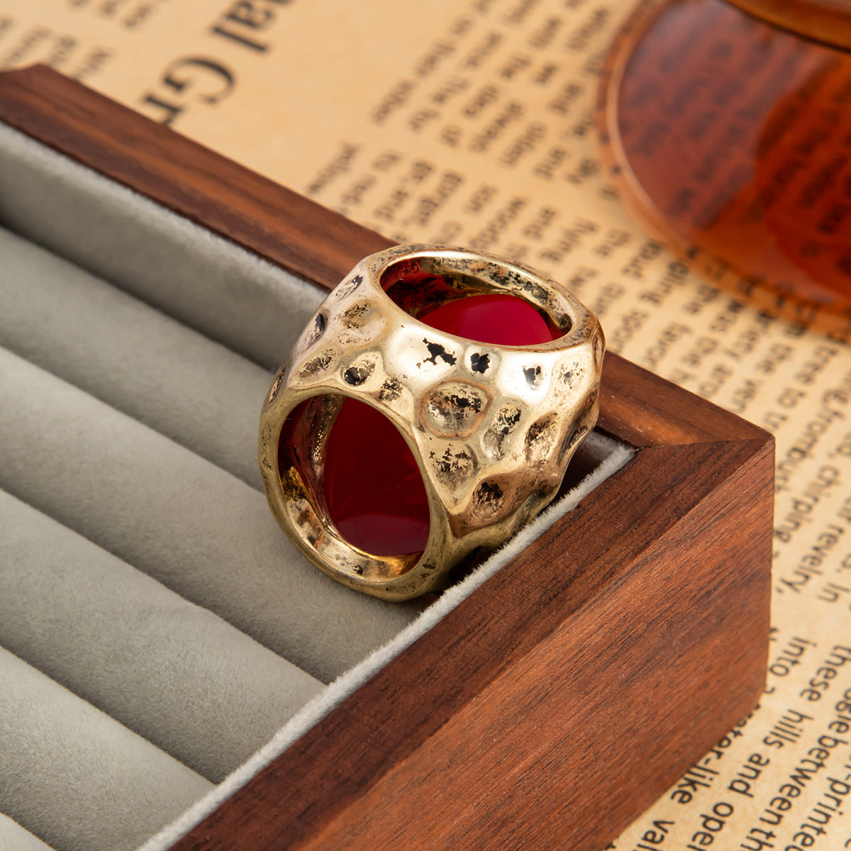 Planderful Vienna Verve Retro Redstone Oval Ring Wide Face Statement Jewelry For Women