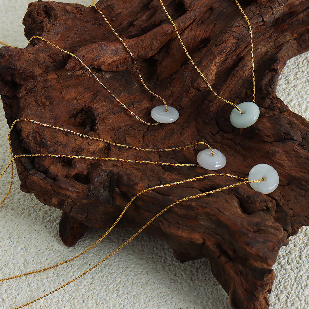 Circular Natural Stone Pendant Collarbone Chain Necklace for Women - Elegant Titanium Steel Jewelry