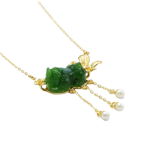 Sterling Silver Hotan Jade Jasper Pixiu Flower Necklace from Planderful Fortune's Favor Collection