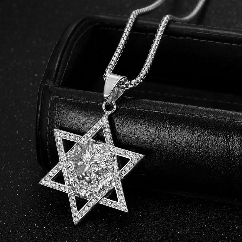 Planderful Everyday Genie Lion Head Hexagram Pendant Necklace Stainless Steel Zircon Unisex Jewelry