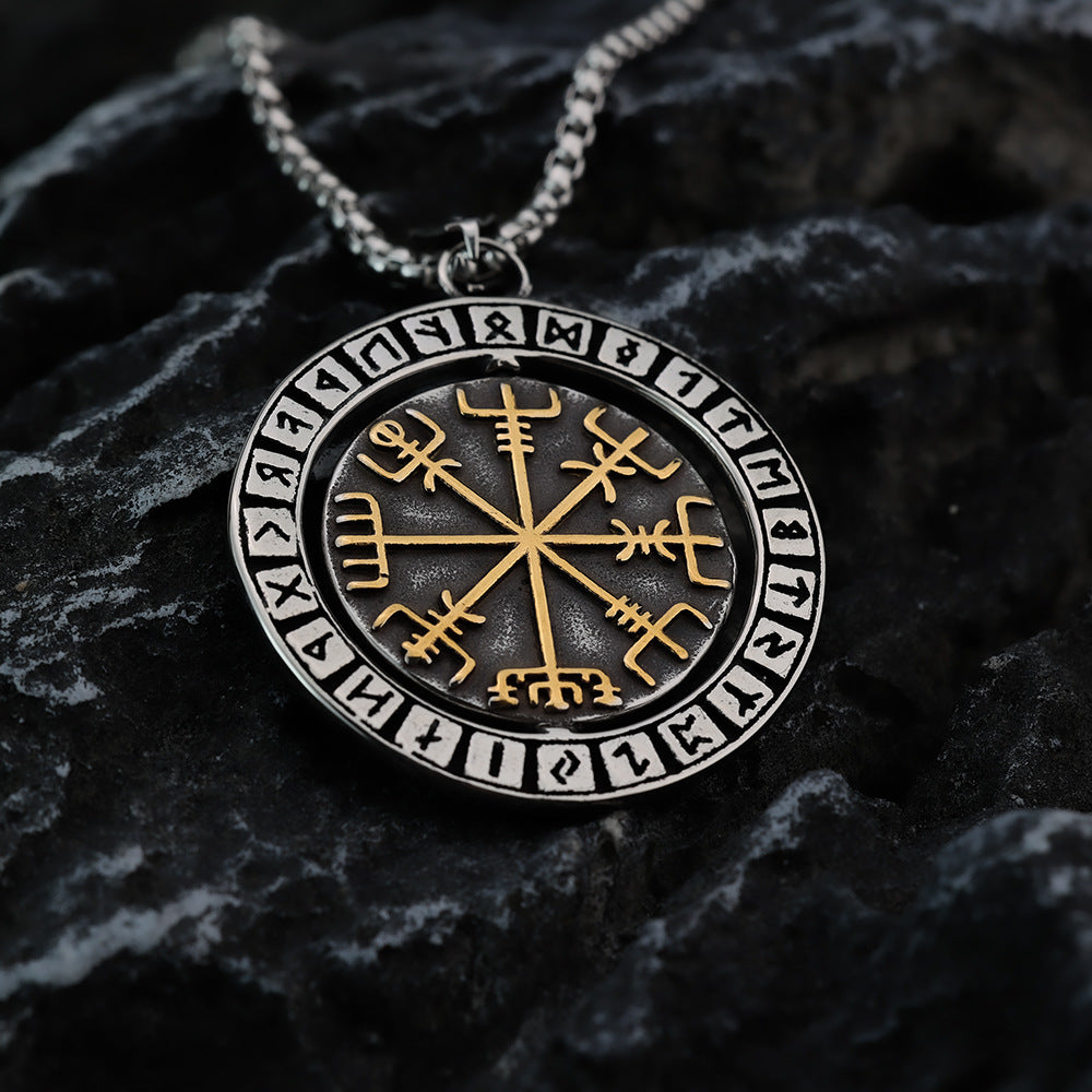 Vintage Nordic Viking Men's Stainless Steel Rune Compass Pendant