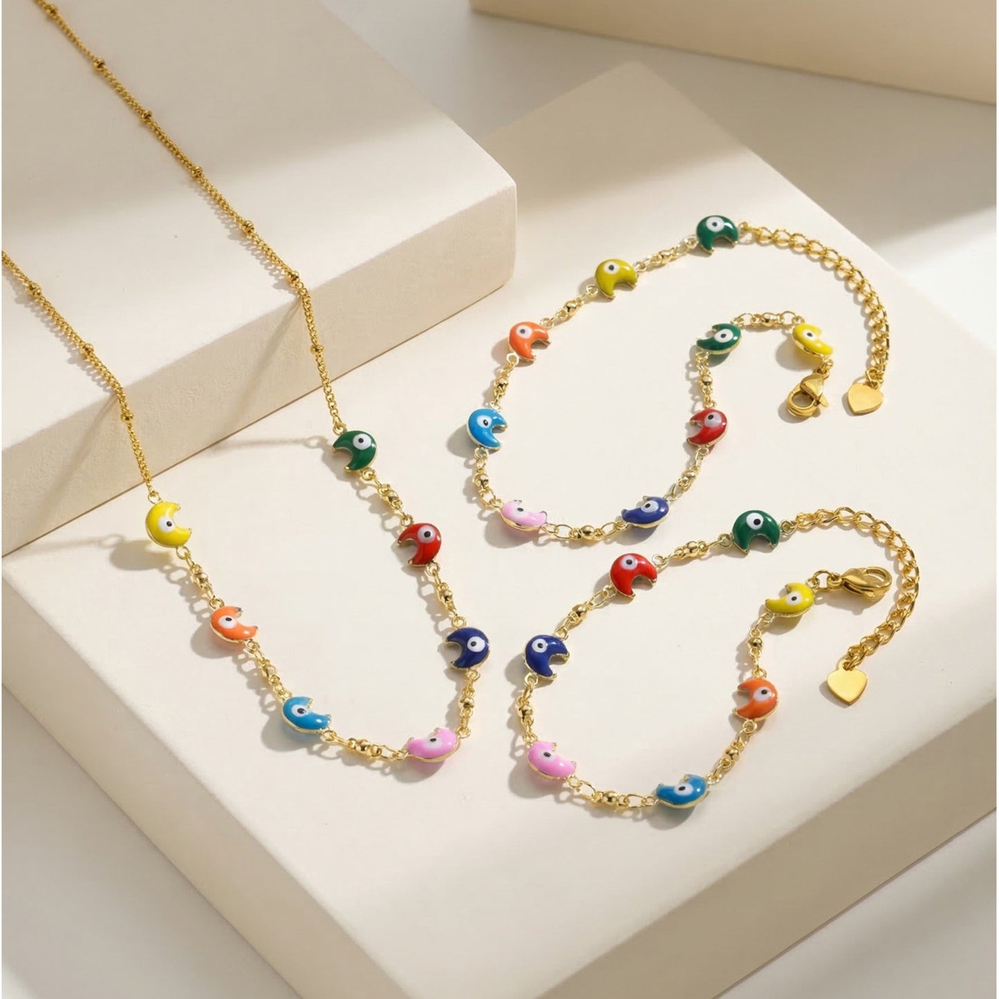 Stainless Steel Bead Chain Copper Epoxy Colored Moon Necklace
