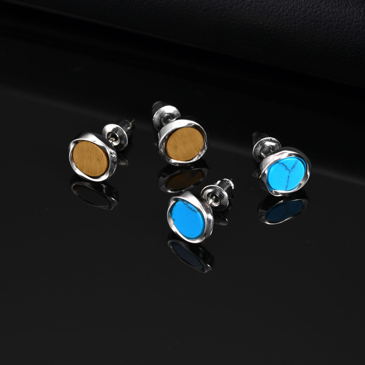Copper Stone-Inlay Single Earrings — Tiger's Eye or Turquoise