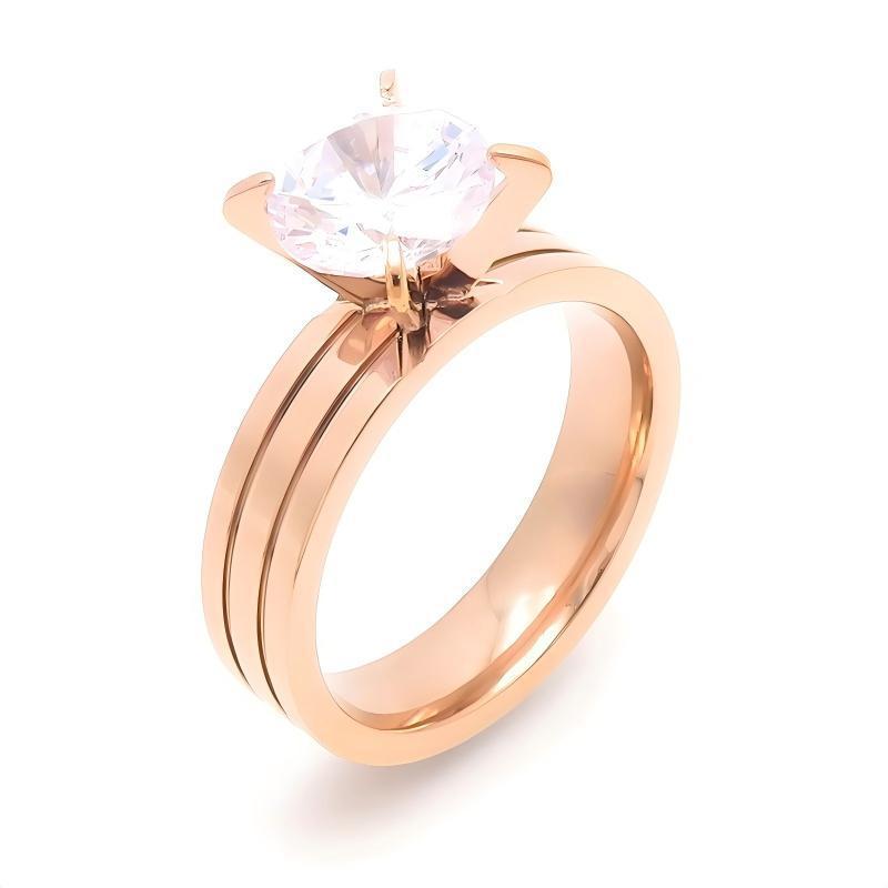 Four-Claw Zircon Double-Groove Ring, Fashionable Stainless Steel Couple Marriage Proposal, Women's