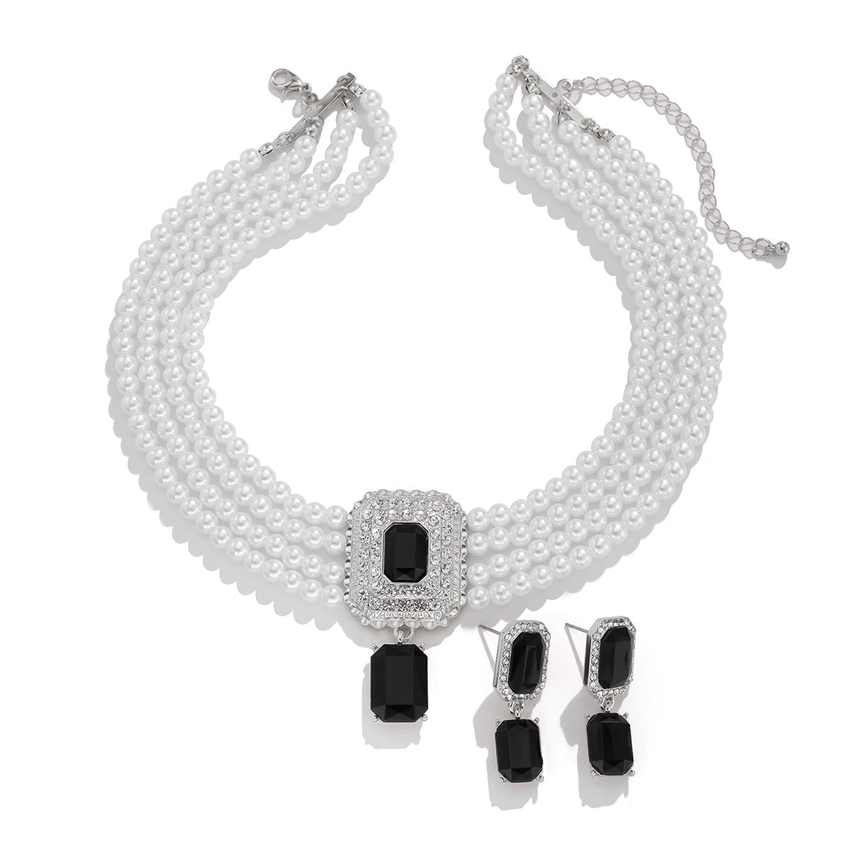Square Crystal & Pearl-Style Layered Choker