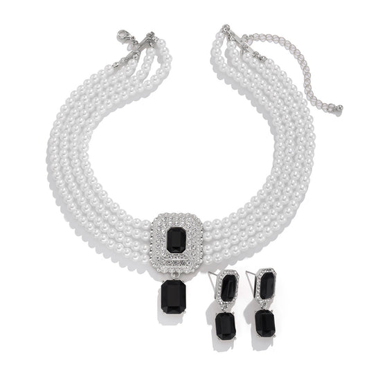 Square Crystal & Pearl-Style Layered Choker