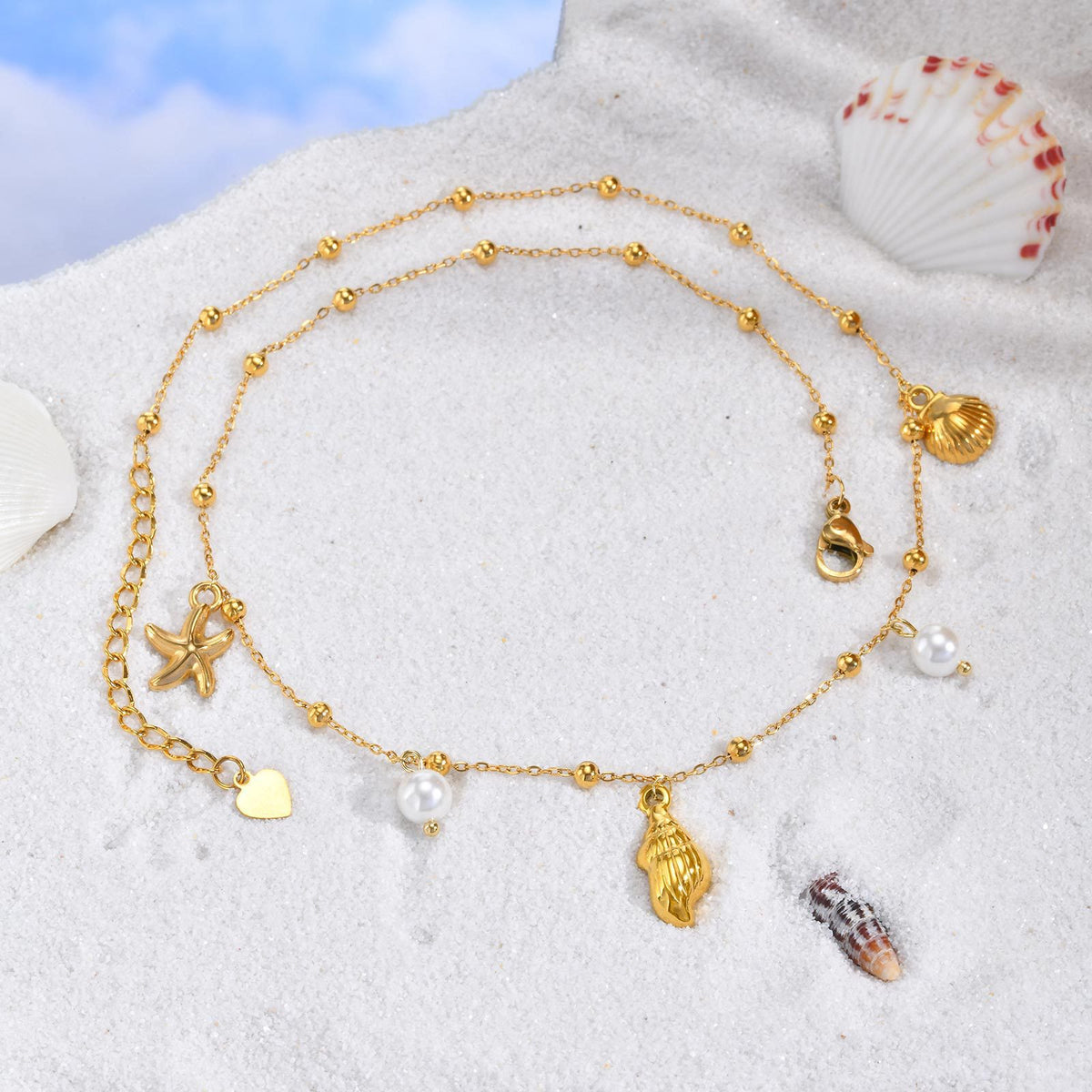 Summer Leisure Seaside Ocean Wind Stainless Steel Imitation Glass Pearl Conch Lady Necklace