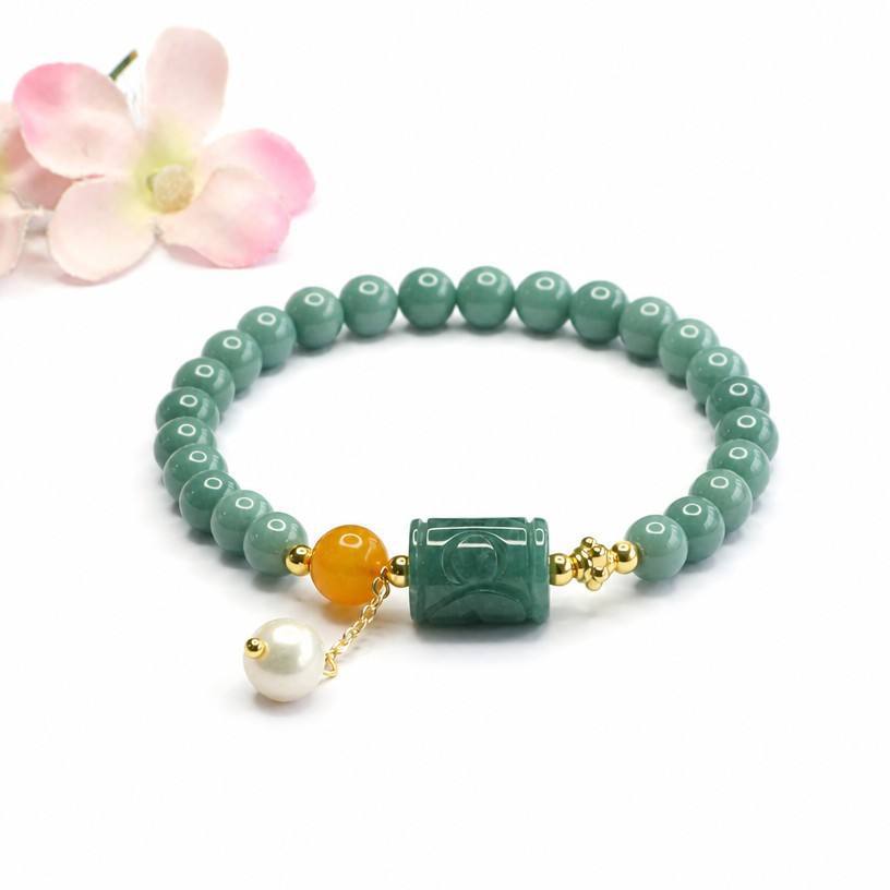 Blue Water Jadeite Barrel Bead Beaded Bracelet