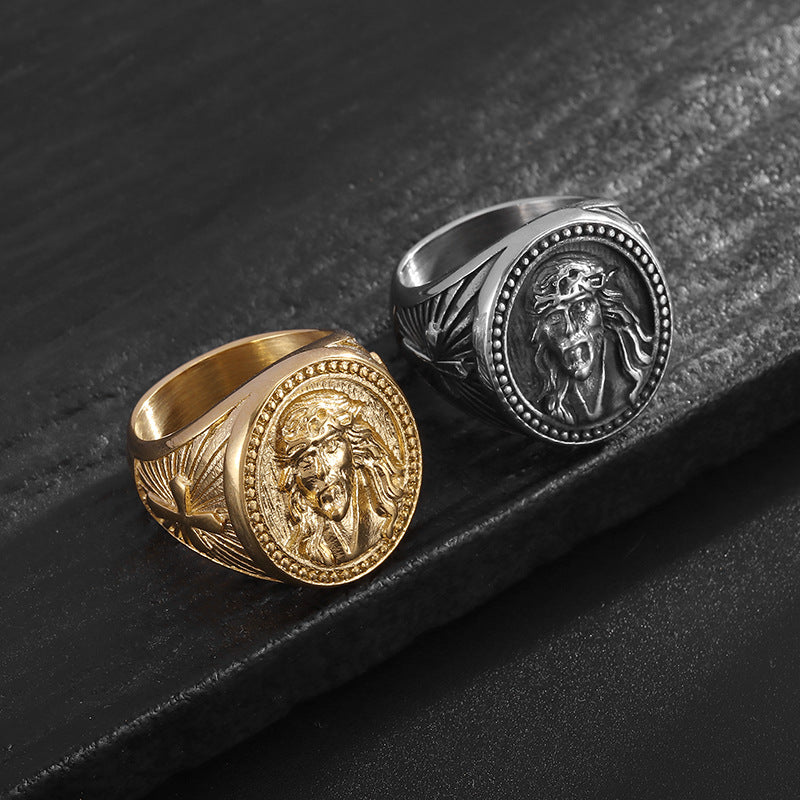 Hip Hop Ring Planderful Everyday Genie Titanium Steel Gold Plated Jesus Cross Mens Ring Size 7 to 13