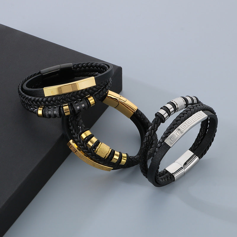 Planderful Mens Multi Layer Leather Magnetic Bracelet