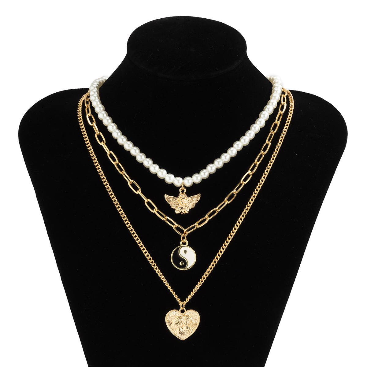 Imitation Pearl Angel Necklace Planderful For Women With Heart Portrait Tai Chi Design Statement Jewelry