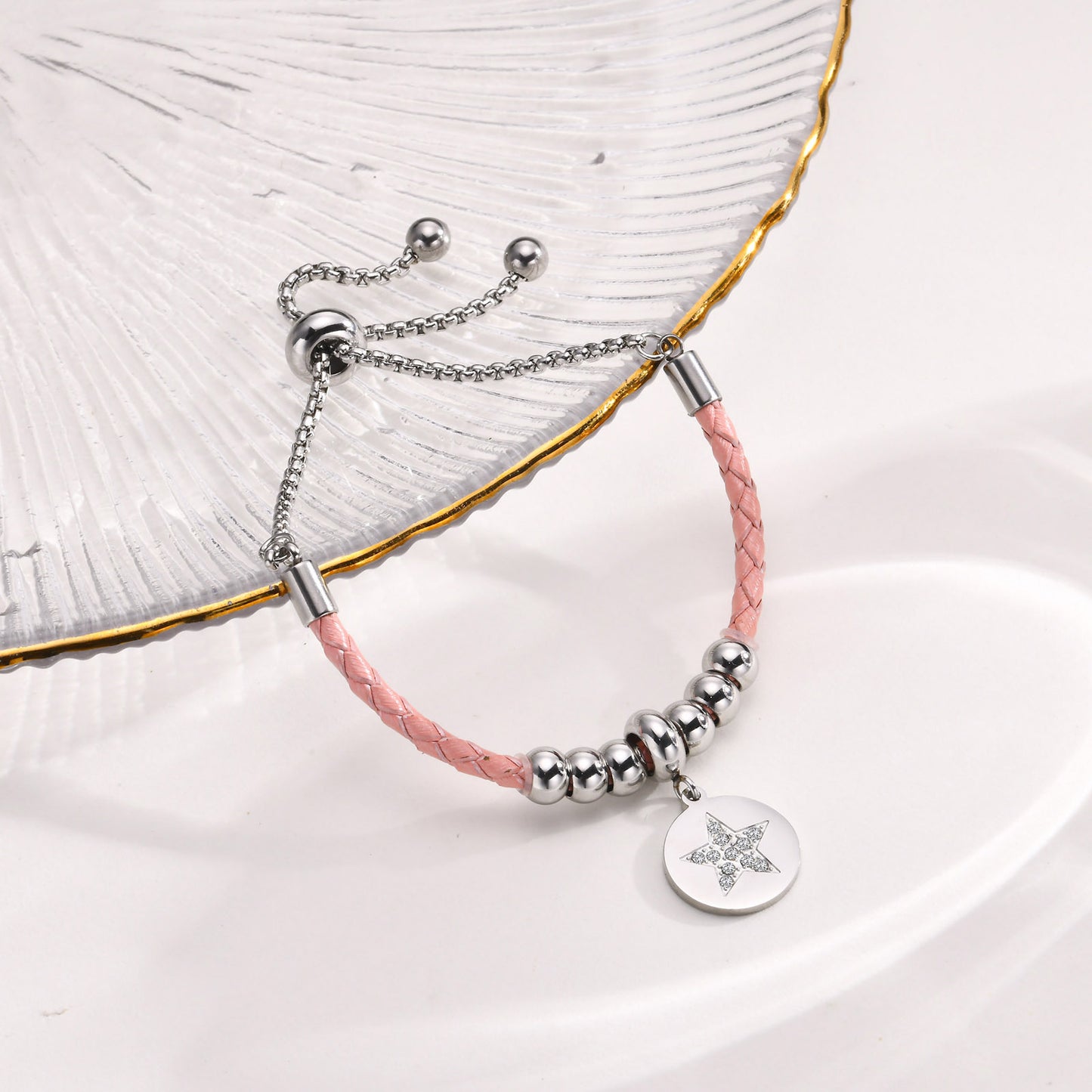 Stainless Steel Leather Inlaid Zircon Star Adjustable Bracelet