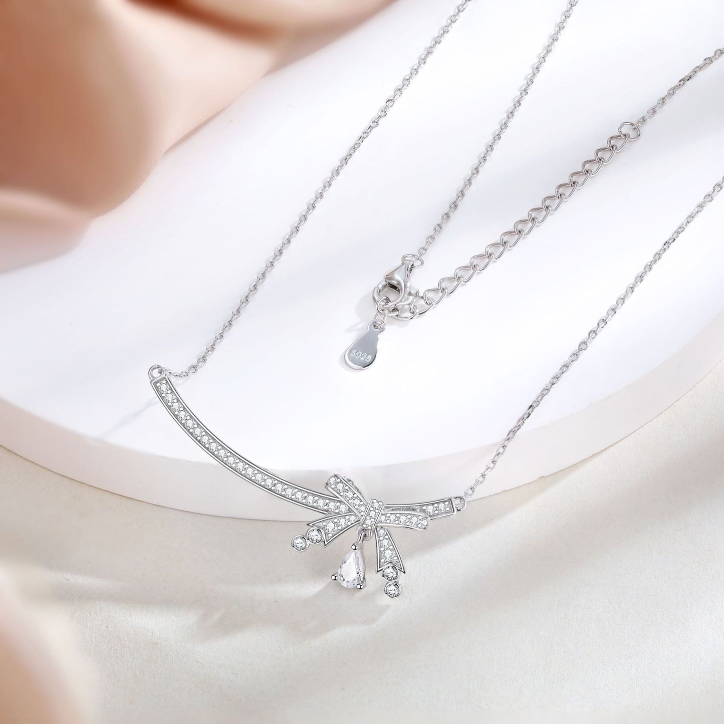 Bowknot Pear Shape Zircon Arc-shaped Strip Sterling Silver Necklace