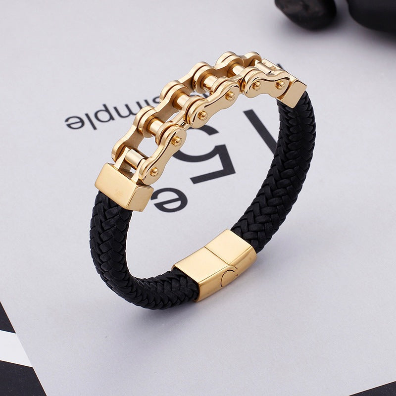 Locomotive Style Woven Leather Rope Men's Bracelet – Man Magnetic Buckle Bicycle Chain