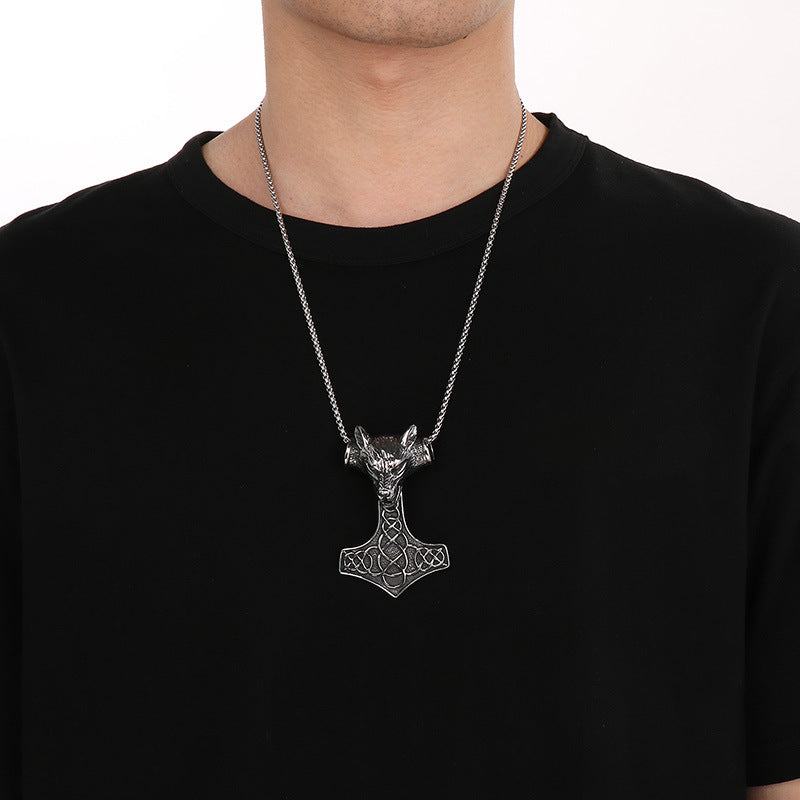 Retro Animal Pendant, Nordic Viking Wolf Head, Lion Head, Goat, Thor'S Hammer, Titanium Necklace